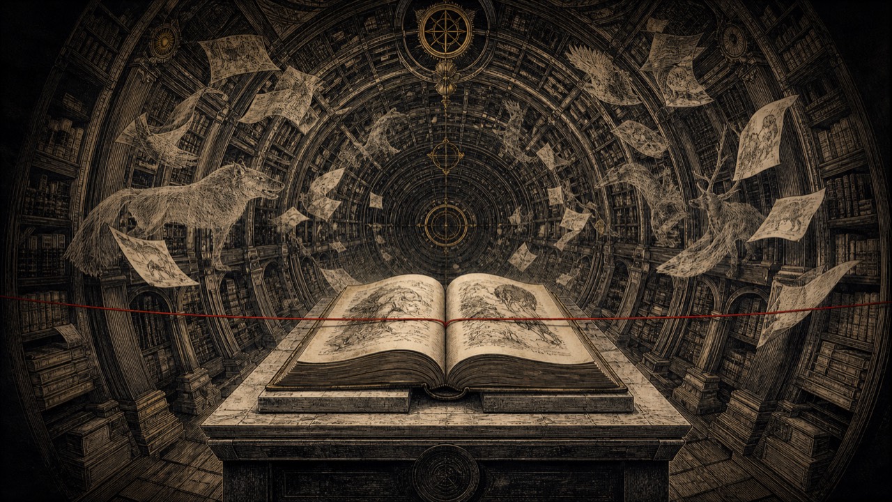An open chronicle at the center of an endless library